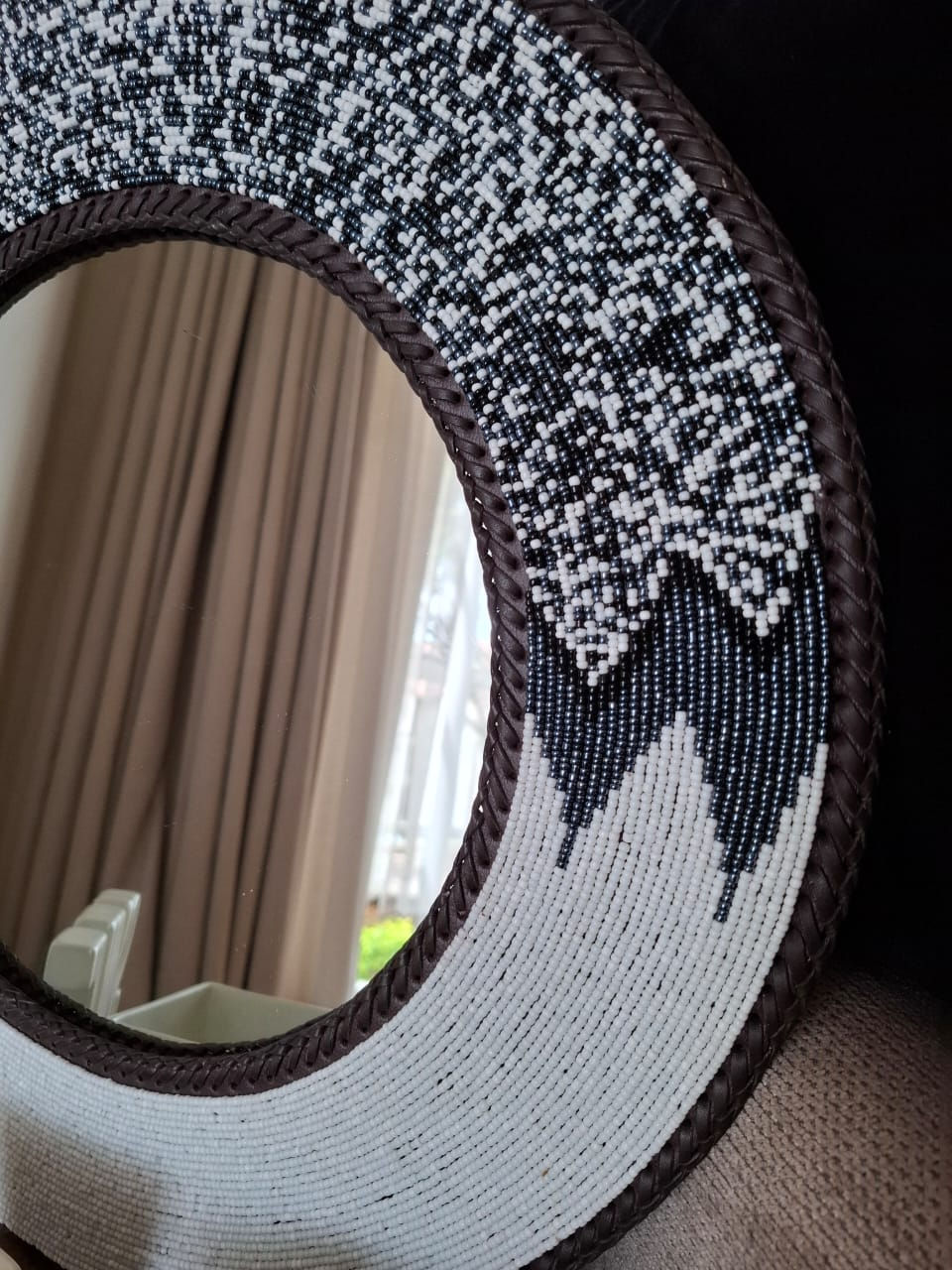 Round African Beaded Wall Mirror – Black & White Zigzag Design