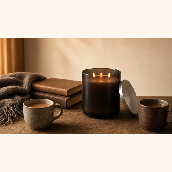 Three-wick candle in a dark glass tumbler beside leather-bound books and warm drinks