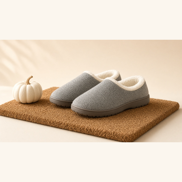 Heather-gray fleece-lined slippers on a front-porch doormat beside a small white pumpkin