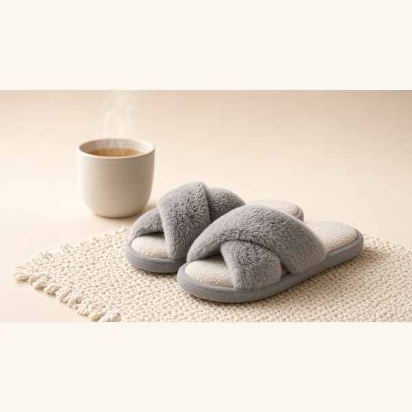 Gray fuzzy open-toe slippers on a cream knit rug beside a mug of tea