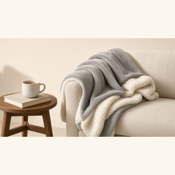 Gray flannel and sherpa throw folded over a linen sofa arm beside a book and a mug