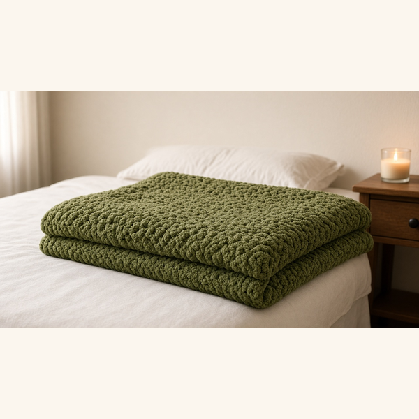 Olive-green chunky chenille knit throw folded on a white bed beside a glowing candle
