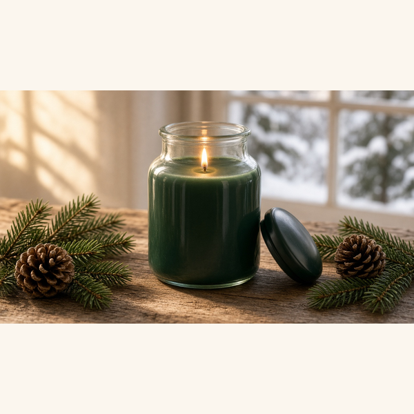 Large green jar candle beside fir clippings and pinecones on a rustic table