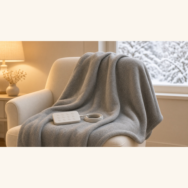 Soft gray heated throw draped over a reading chair by a snowy window