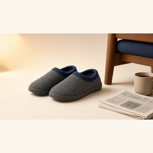 Charcoal-and-navy two-tone men's slippers beside an armchair, a newspaper and a mug