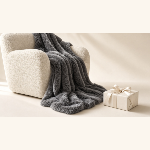 Charcoal fluffy fleece throw spilling off a cream boucle armchair beside a wrapped gift