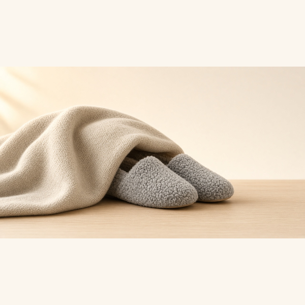 Gray curly-fur loafer slippers peeking out from under a folded oatmeal throw
