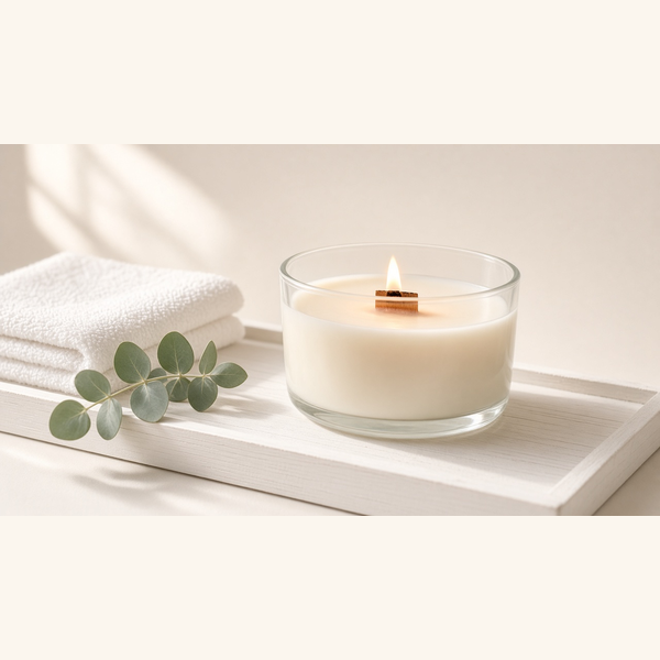 Ivory oval candle with a wooden wick on a white tray with a towel and eucalyptus