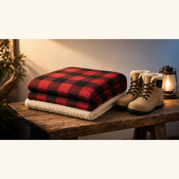 Red-and-black cabin plaid throw with a cream sherpa back on a wooden bench beside boots and a lantern