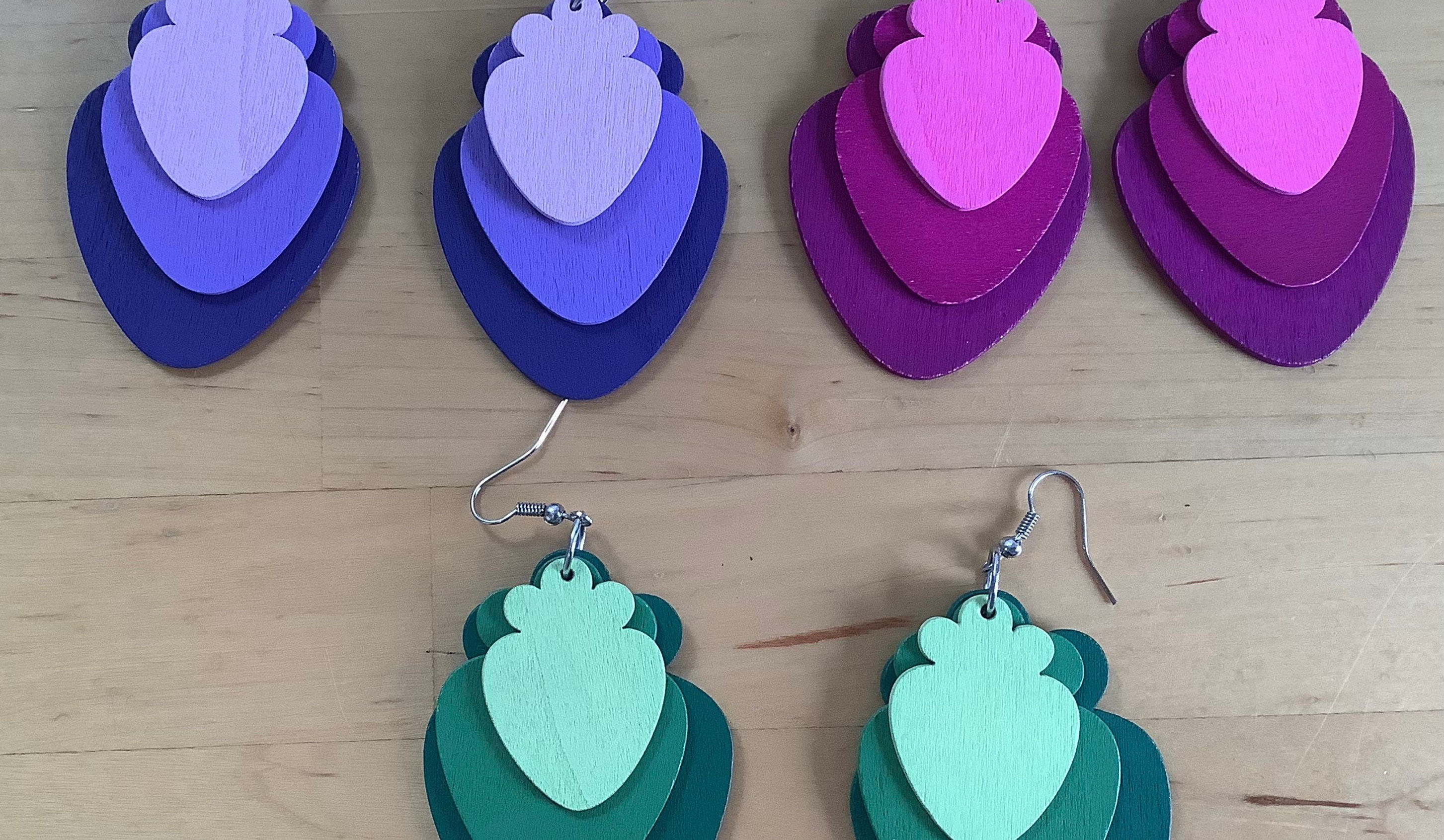 Hand painted wooden earrings, light weight dangle earrings