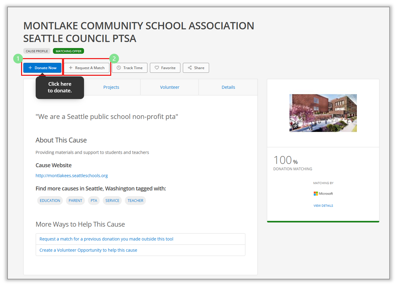Microsoft giving page for Montlake Community School Association - Seattle Council PTSA, highlighting Donate Now and Request A Match; Track Time is also visible.