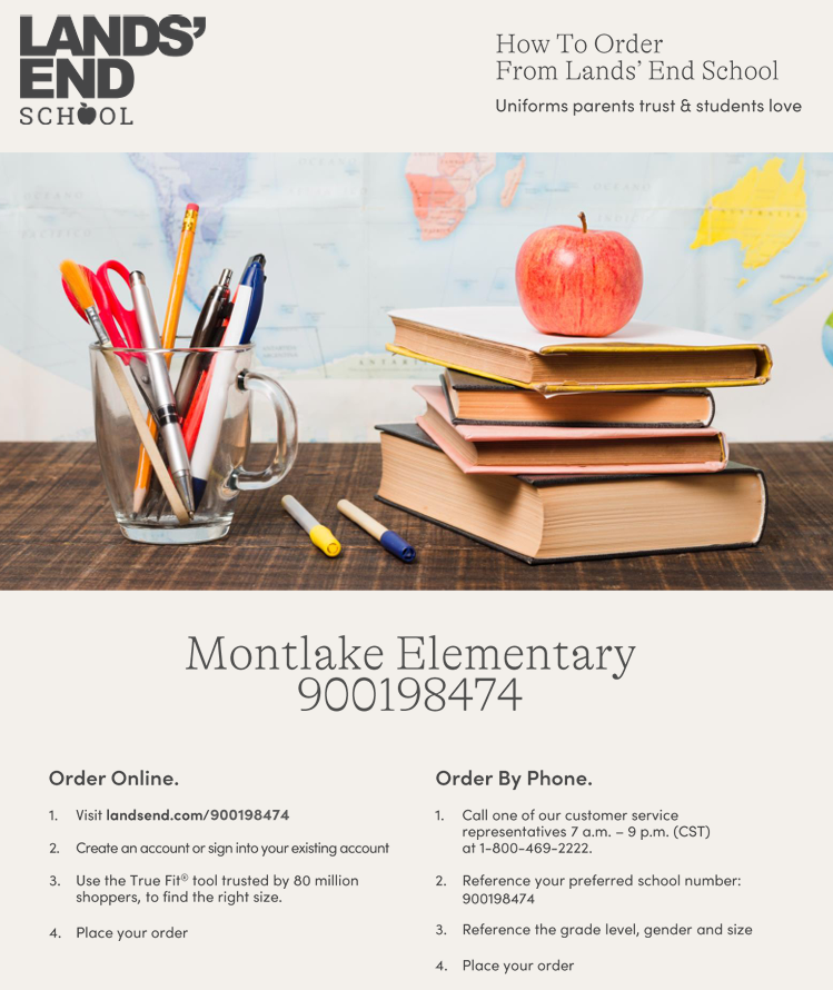 Lands' End ordering flyer for Montlake Elementary, preferred school number 900198474. Online and phone instructions are transcribed above.