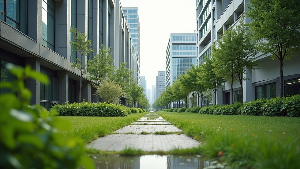 Eye-level view of a modern urban landscape with green spaces
