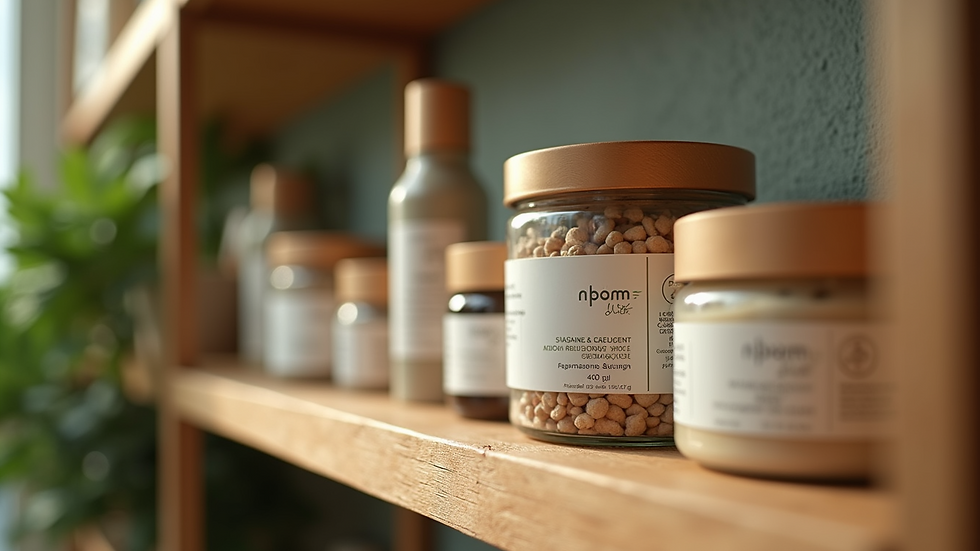 Eye-level view of eco-friendly products on a wooden shelf