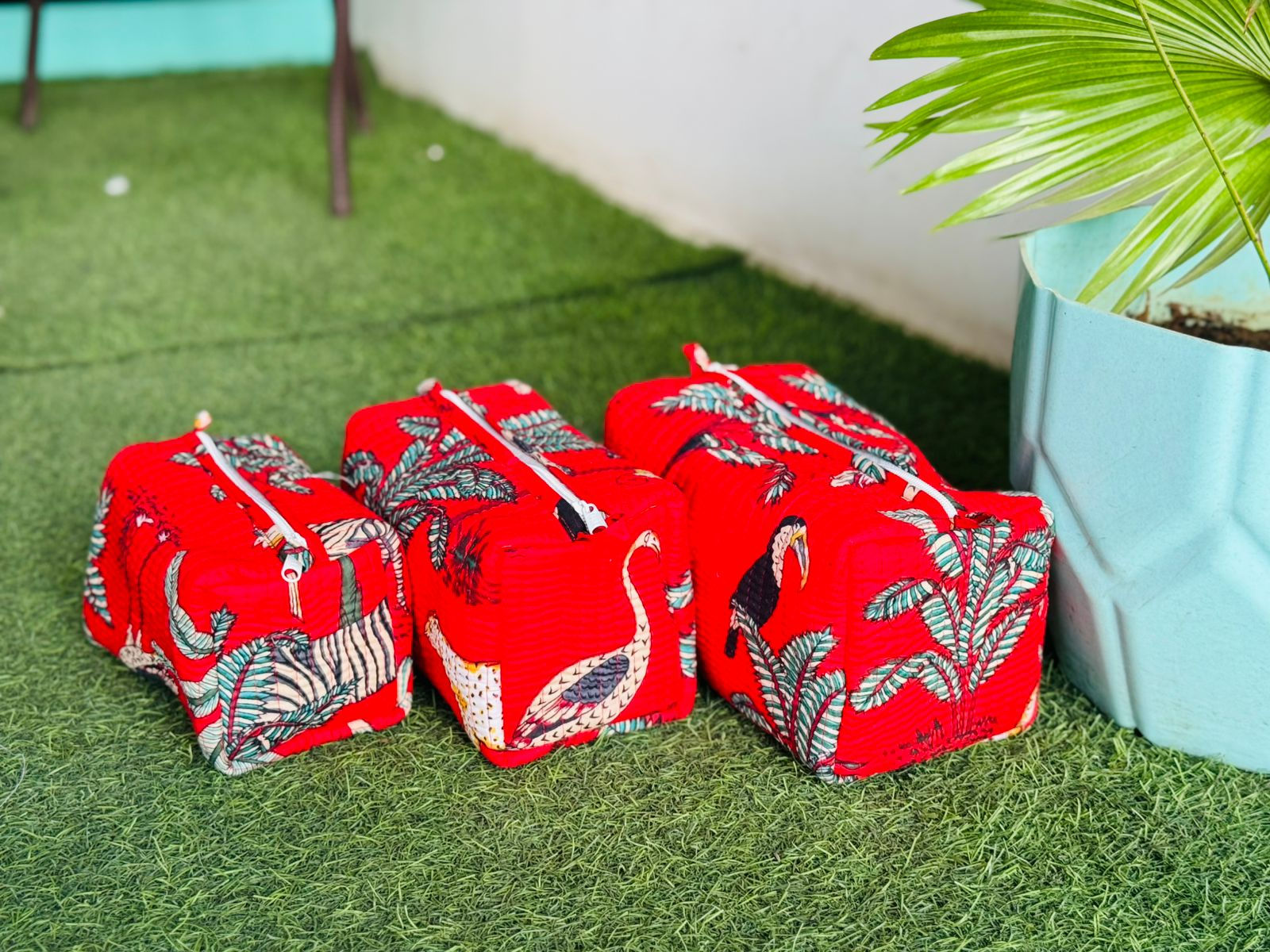 Combo of Three Quilted Toiletry Pouches-Red with Flamingo