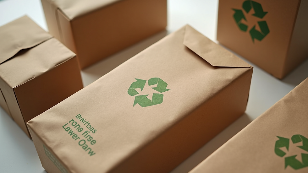 High angle view of sustainable packaging materials with recycling symbols