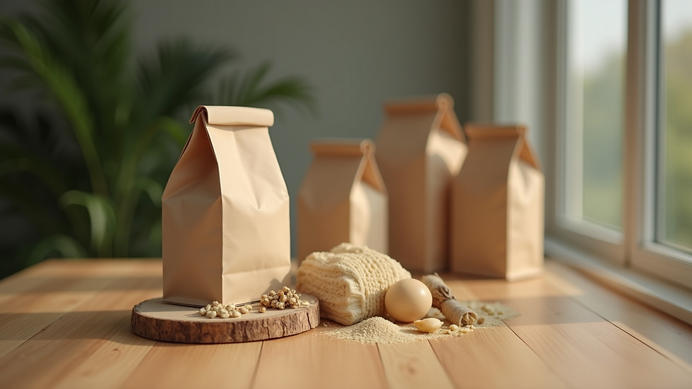 Close-up view of biodegradable packaging materials on a wooden table