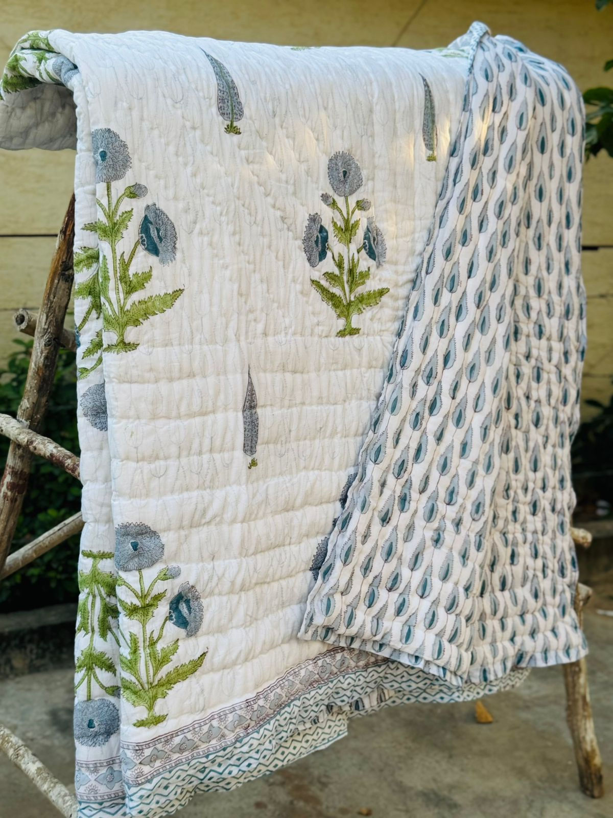 Single- Pure Cotton Printed Reversible Quilt(White, Blue and Green)