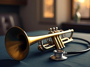 trompete com um estetoscópio do lado