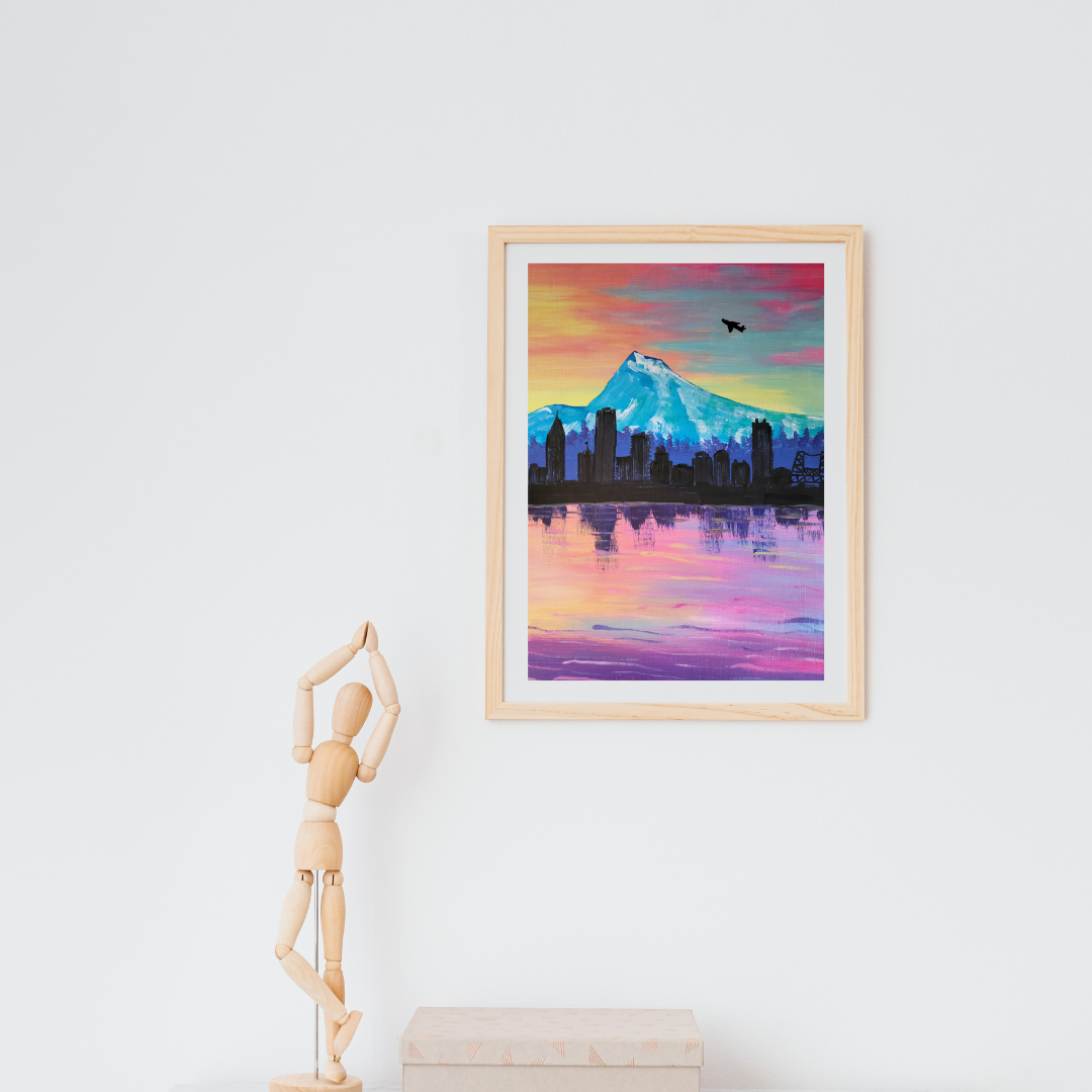 Sunset Mt Hood, Portland Cityscape Painting, Fine Art Print