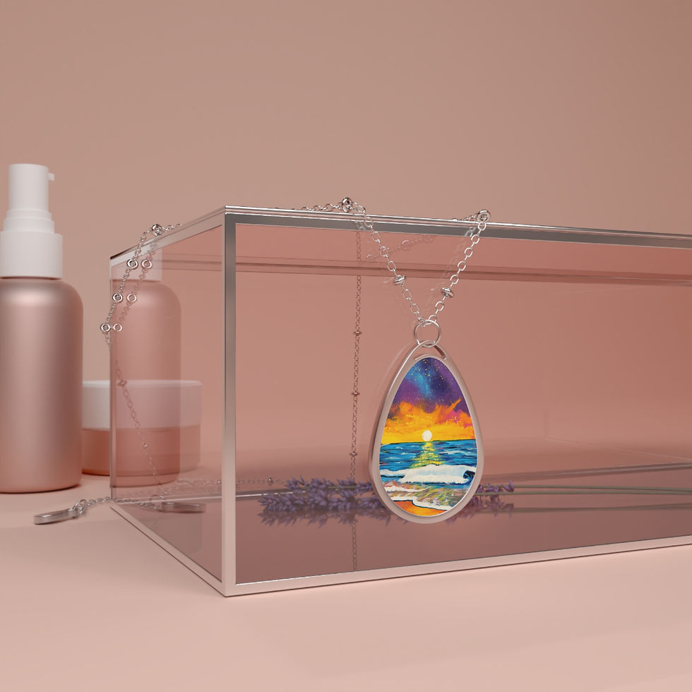 Thumbnail: Oregon Coast Oval Necklace | Ocean Waves, Silver Teardrop Pendant