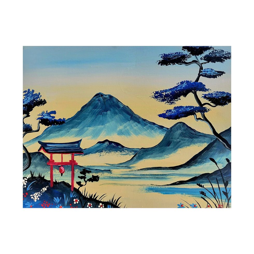 Thumbnail: Misty Mountain Landscape Art Print with Torii Gate, Zen Misty Lake Wall Decor