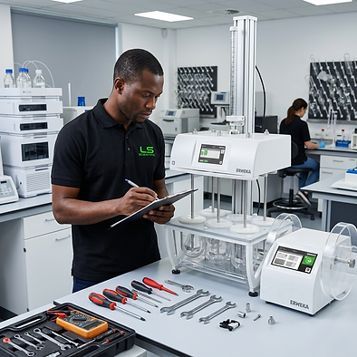 Firefly_Photorealistic square image of Nigerian LS Scientific service engineer repairing a
