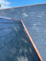 Various images showcasing high-quality roofing work by Melcher Construction, including detailed shots of shingle installation, copper work, gutter placement, and roof repairs on a brick house. The images highlight the craftsmanship and attention to detail in different aspects of roofing services, such as custom copper flashings, slate roofs, and overall roof structure.