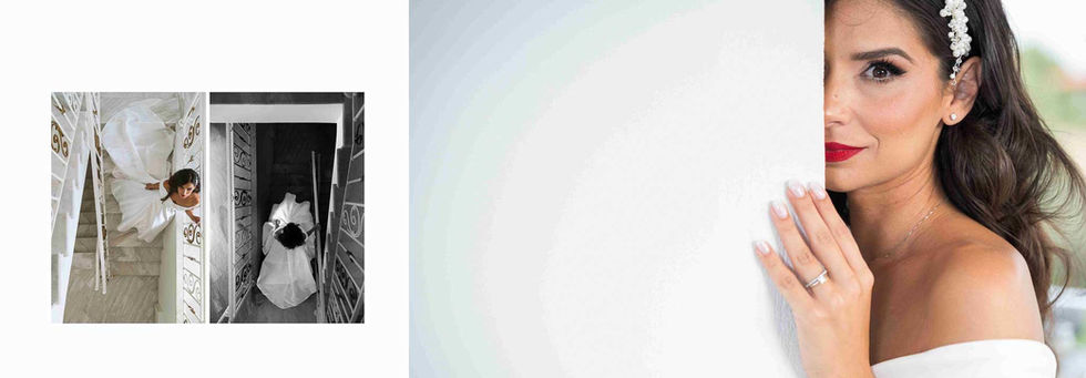 Η νύφη καθίσταται το κέντρο της προσοχής στις σκάλες, δημιουργώντας μια εικόνα γοητείας.