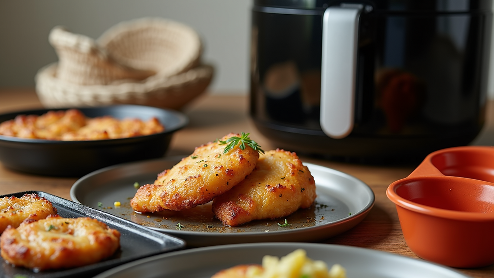 Close-up view of various air fryer accessories including baking pan, grill pan, and silicone molds