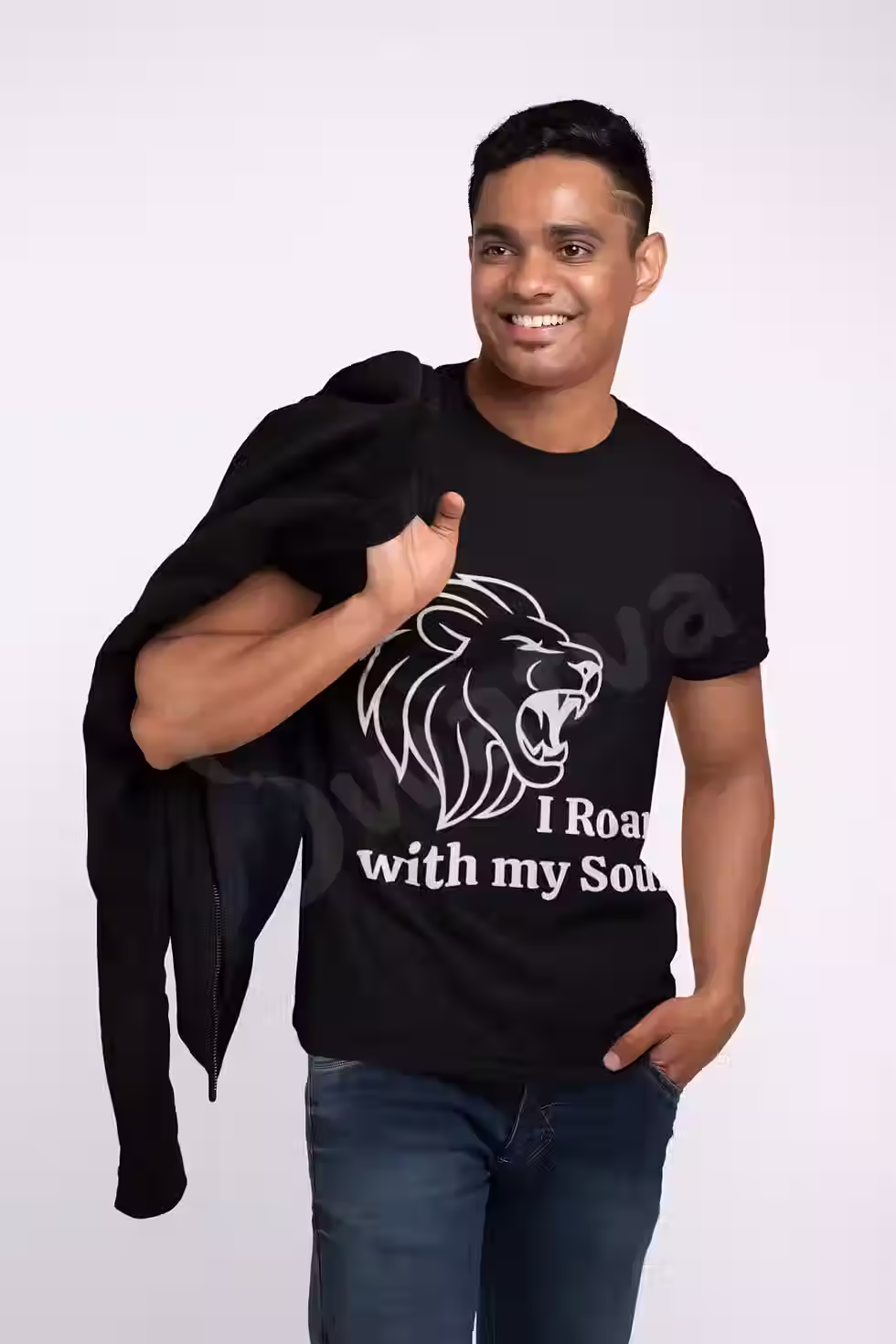Thumbnail: Man wearing black minimalist Lion line art unisex t shirt with quote I roar with soul.