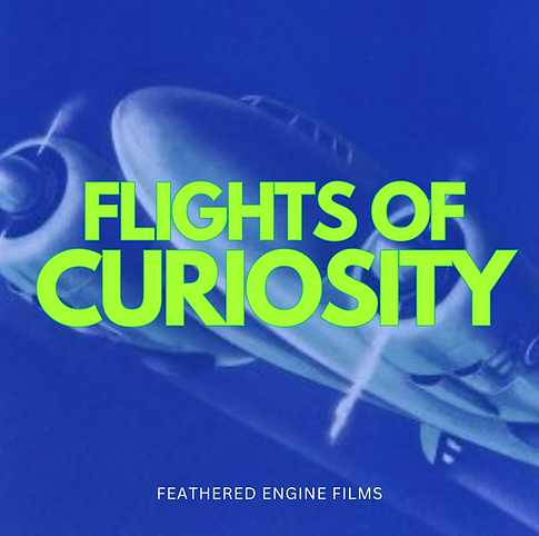 An old twin engine aircraft is climbing into the sky. Written over the picture is the sites name FLIGHTS OF CURIOSITY and the name of the video film production company, Feathered Engine Films.