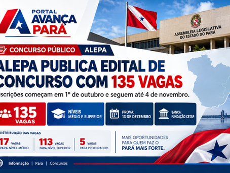 Assembleia Legislativa do Pará abre concurso público com 135 vagas para níveis médio e superior