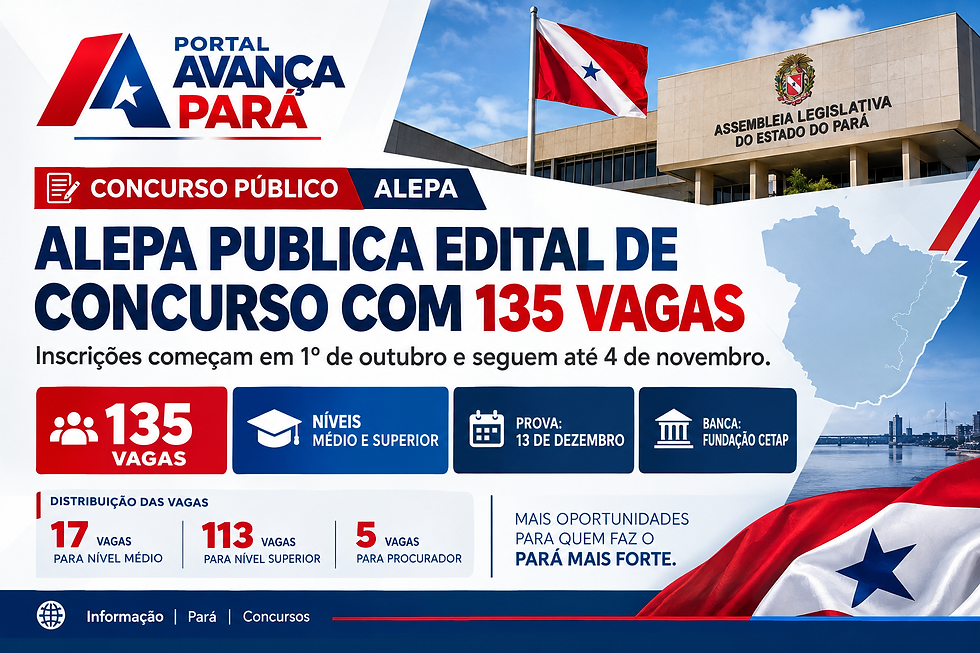Assembleia Legislativa do Pará abre concurso público com 135 vagas para níveis médio e superior