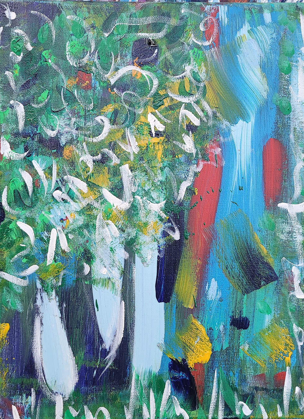 Waterfall painting waterfall behind the trees abstract art blue green serenity art healing