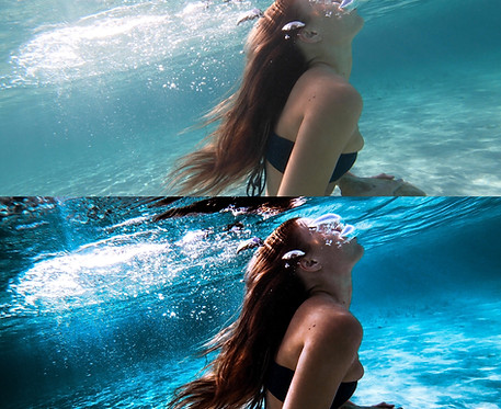 a girl swiming in a bikini underwater rock running showing before and after edited image using my presets