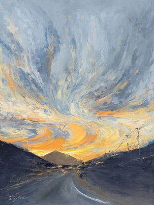 Orange and Blue Road and Mountain Painting Art Piece