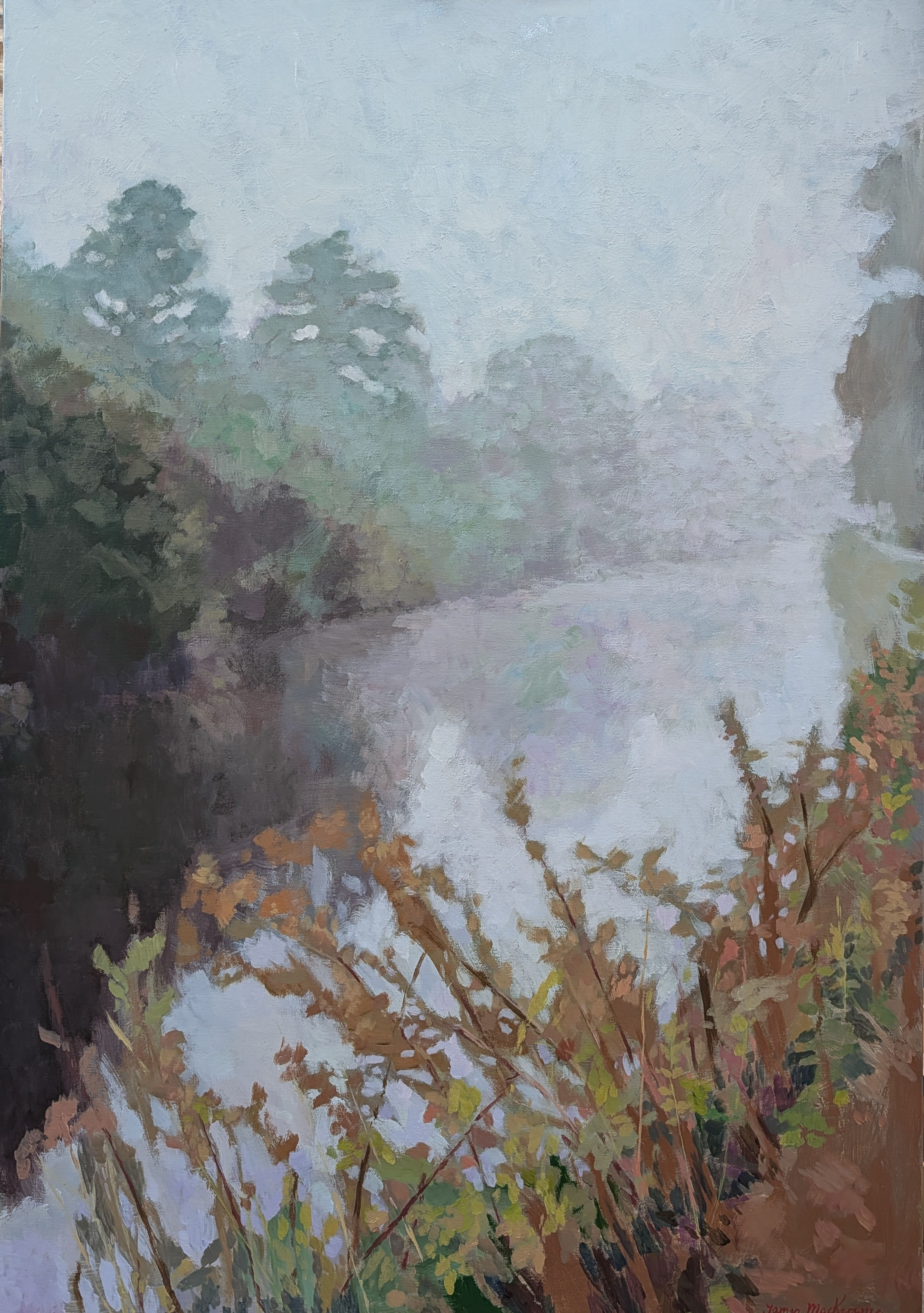 La rivière, calme et brumeuse.