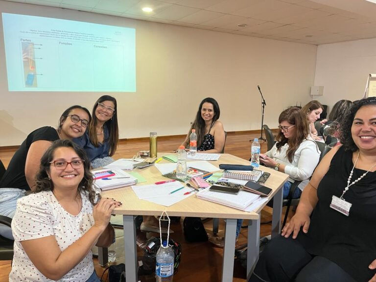 Imagem 4: grupo de orientadoras pedagógicas realiza experimentação mão na massa com Rotinas de Pensamento Visível para área de Ciências da Natureza.