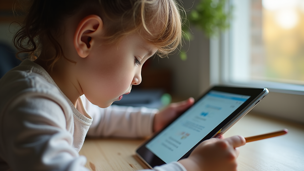Close-up view of a child using a tablet for creative learning