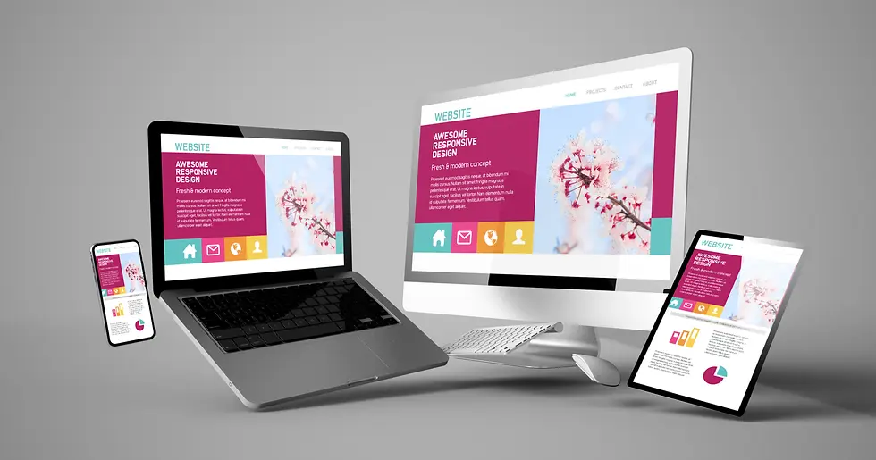Laptop, desktop monitor, tablet and phone display a colorful responsive website mockup with magenta panels and blossom photo.
