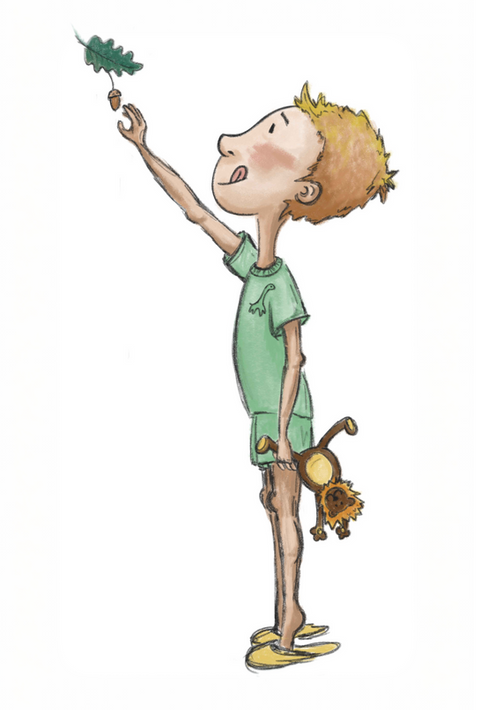 kind pflückt Eichel, Kinderbuch, Kuscheltier Löwe