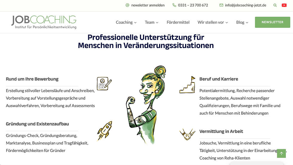 Website Jobcoaching coole Icons und starke Frau gezeichnet
