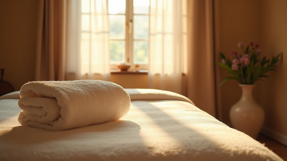 Eye-level view of a tranquil Ayurvedic treatment room with natural light