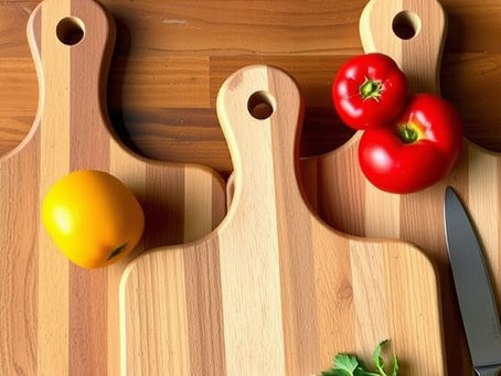 Beautiful cutting boards displayed upright against a wall
