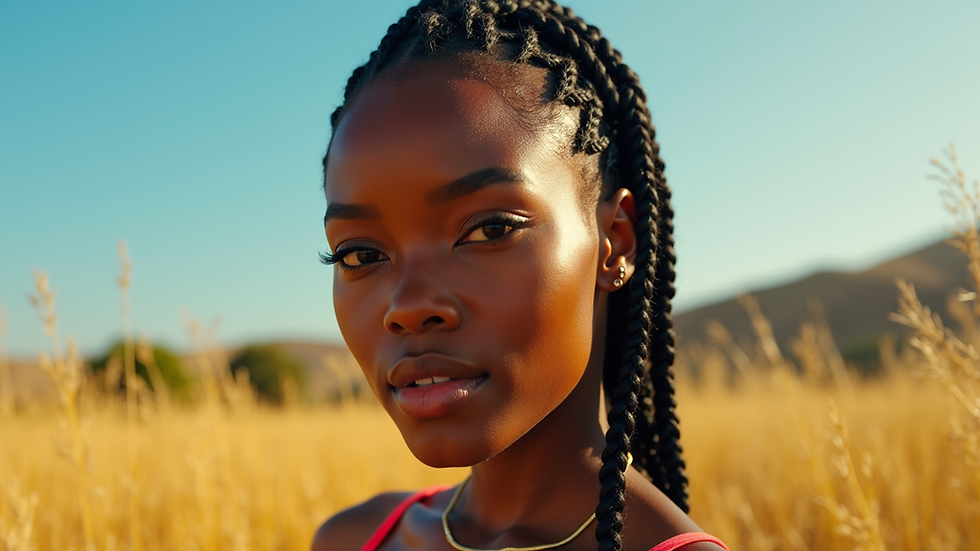 Eye-level view of neatly styled box braids arranged in a vibrant, sunny setting