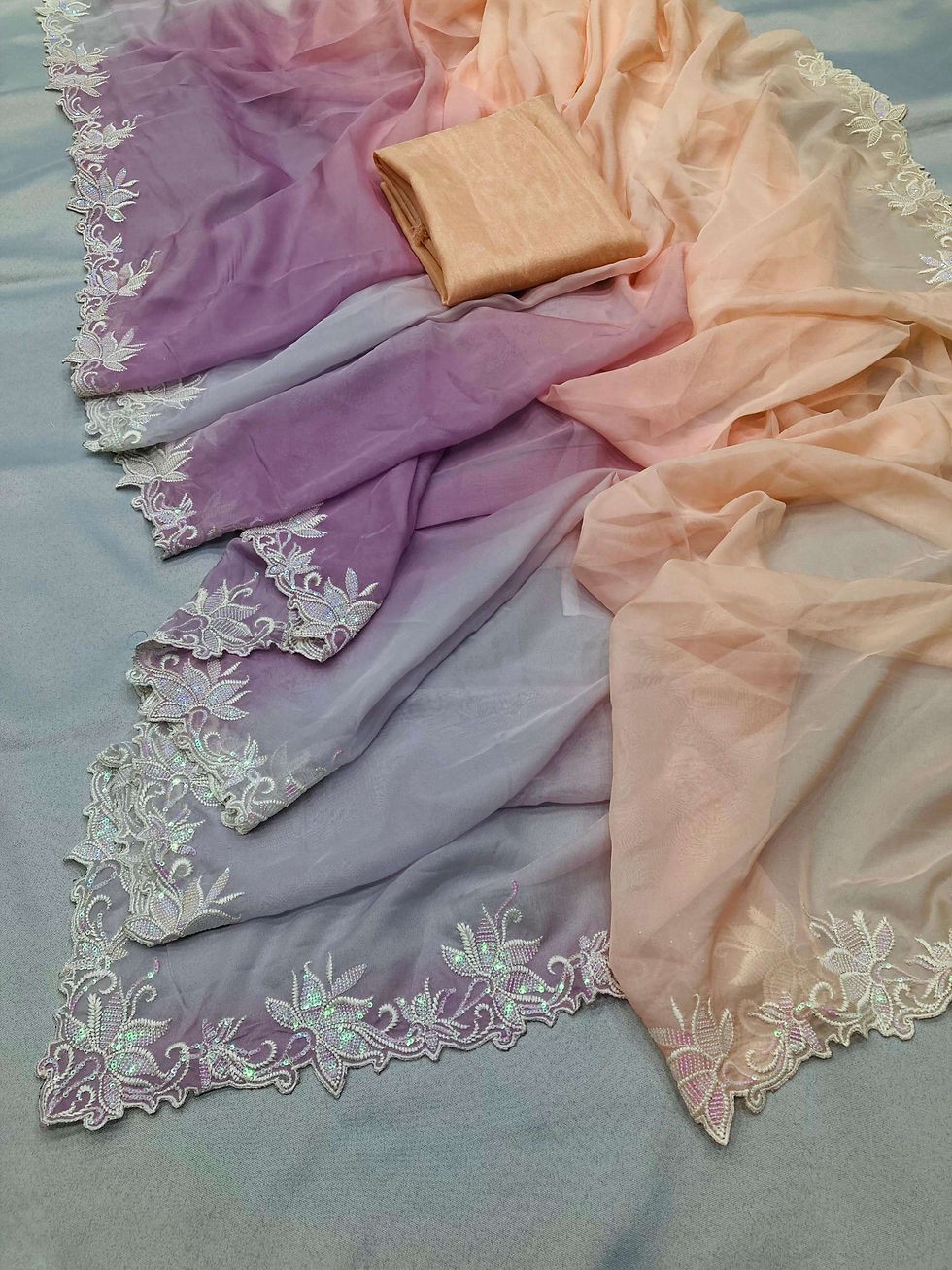 Thumbnail: Organza saree with ombre color & multi sequence work (with blouse piece) 