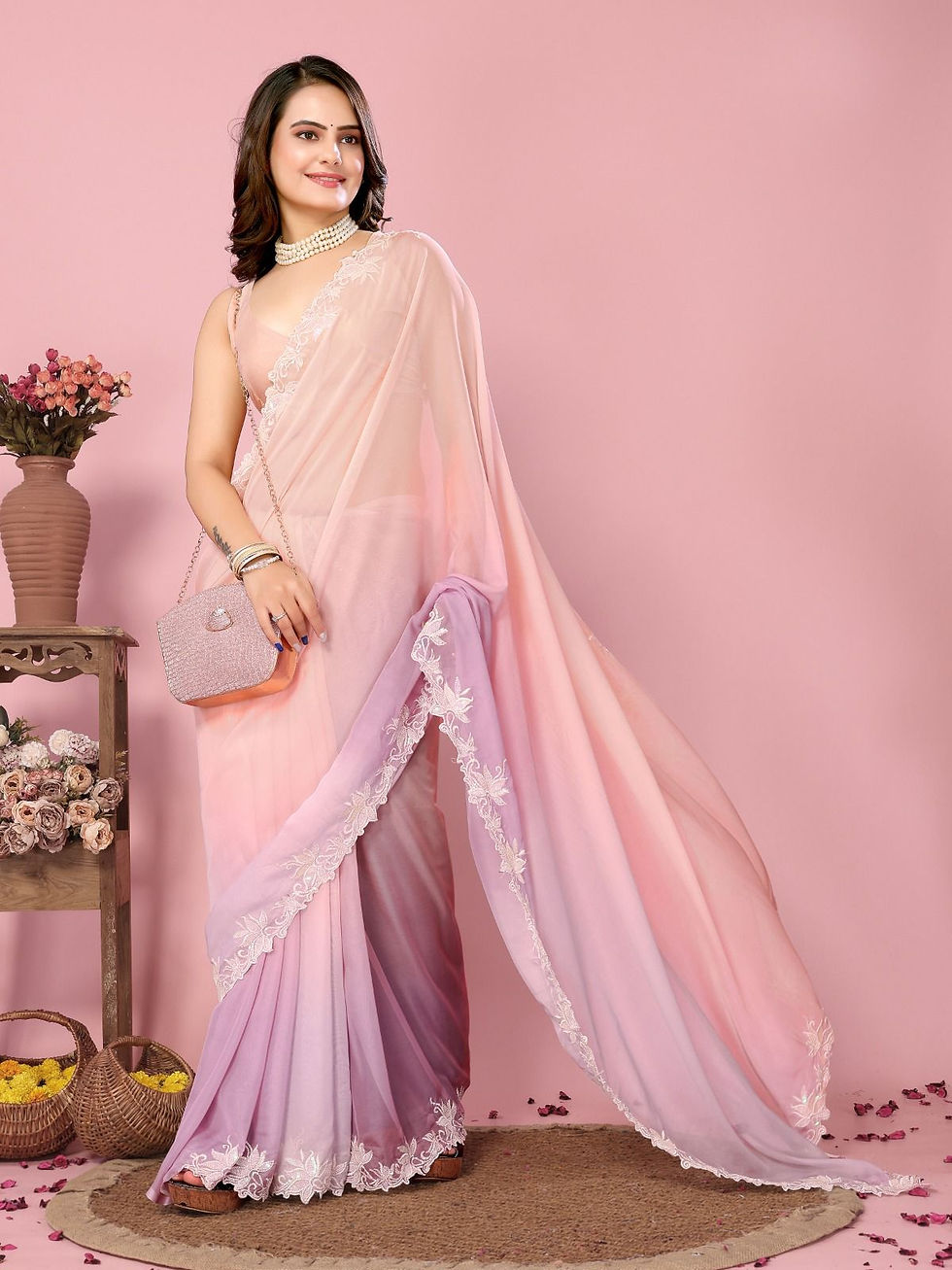 Thumbnail: Organza saree with ombre color & multi sequence work (with blouse piece) 
