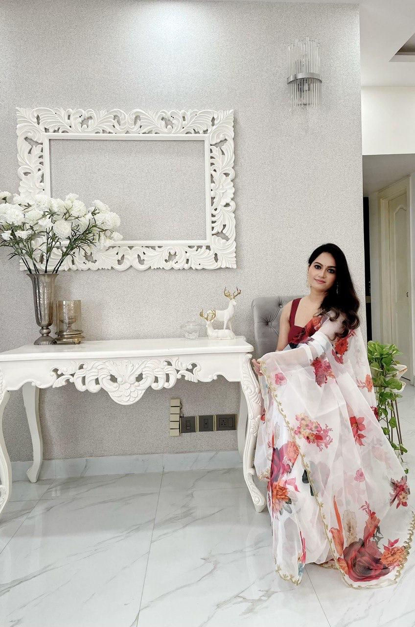 Thumbnail: Organza saree with scalloped border & cutdana work (with blouse piece) 