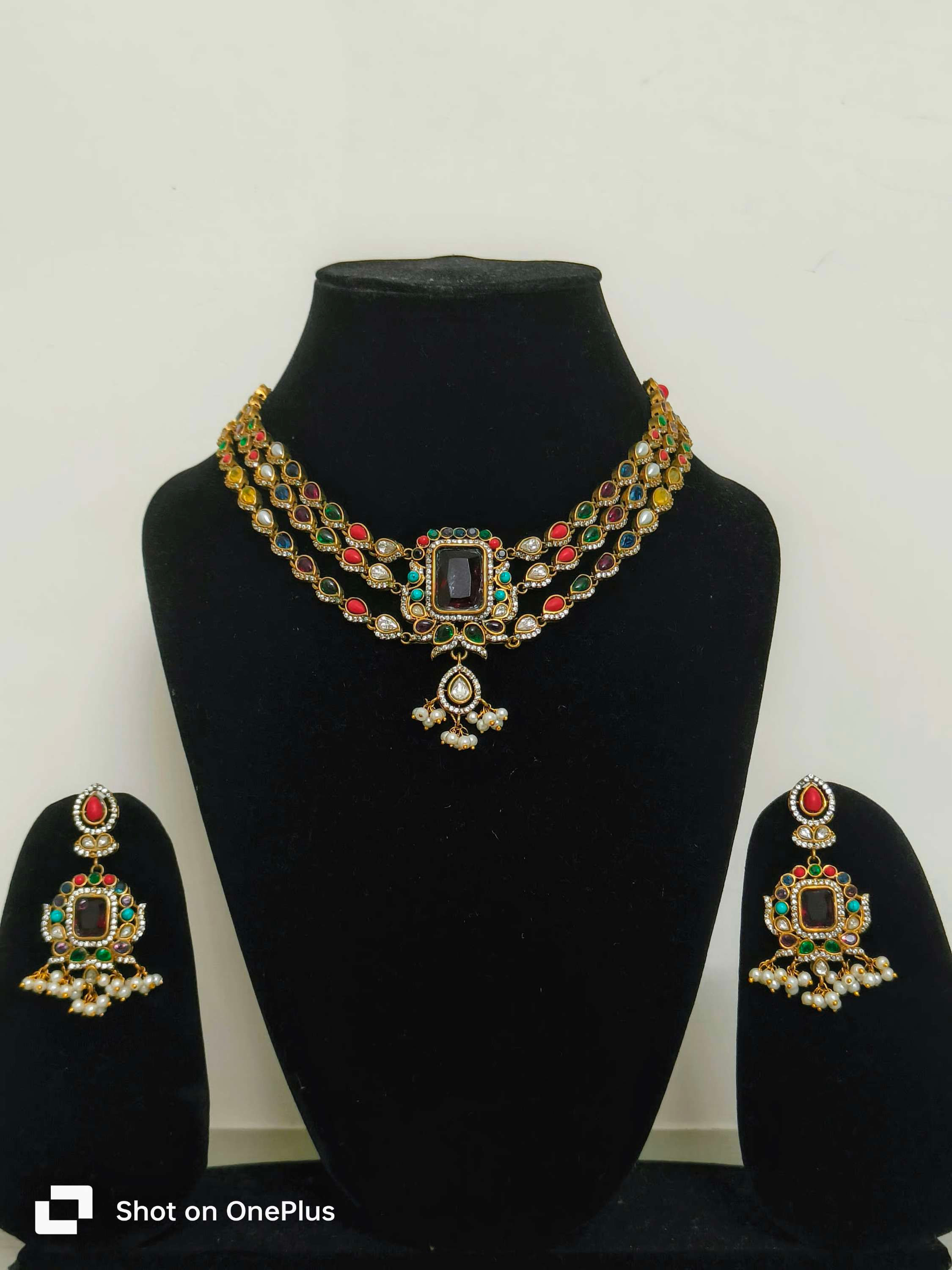 Multi layered navratna necklace in apala polish 